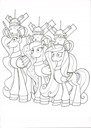 Size: 1700x2402 | Tagged: safe, artist:jmkplover, imported from derpibooru, princess cadance, princess celestia, princess luna, alicorn, pony, bodysuit, brainwashing, clothes, crossover, female, hat, helmet, jimmy neutron: boy genius, jumpsuit, mind control, monochrome, simple background, suit, trio, white background, yolkians