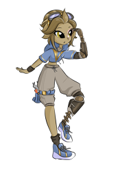 Size: 2750x4000 | Tagged: safe, artist:windywendy29, imported from derpibooru, oc, oc only, oc:tinker (ice1517), cyborg, icey-verse, equestria girls, amputee, belt, clothes, commission, equestria girls-ified, eye scar, female, goggles, high res, hoodie, midriff, offspring, parent:derpy hooves, parent:doctor whooves, parents:doctorderpy, prosthetic leg, prosthetic limb, prosthetics, scar, screwdriver, shoes, shorts, simple background, sneakers, socks, solo, tanktop, transparent background, wrench, wristband