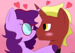 Size: 1024x724 | Tagged: safe, artist:starsingermlp, imported from derpibooru, oc, oc:aramau, oc:firebrand, pony, unicorn, 2018, blushing, boop, cute, duo, duo male and female, female, firemau, glasses, gradient background, heart, horn, looking at each other, looking at someone, male, mare, noseboop, oc x oc, ocbetes, shipping, smiling, smiling at each other, stallion, straight, unicorn oc