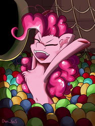 Size: 1560x2080 | Tagged: safe, artist:yuris, imported from derpibooru, pinkie pie, earth pony, pony, amusement park, ball, ball pit, belly button, chest fluff, eyes closed, fangs, female, open mouth, open smile, smiling, solo