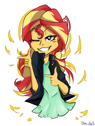 Size: 1560x2080 | Tagged: safe, artist:yuris, imported from derpibooru, sunset shimmer, equestria girls, female, grin, one eye closed, simple background, smiling, solo, white background, wink