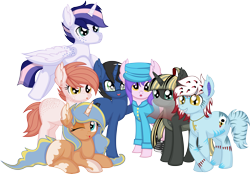 Size: 10185x7079 | Tagged: safe, artist:cyanlightning, imported from derpibooru, oc, oc:brisk bully, oc:brushed light, oc:bubble fabric, oc:digital wrench, oc:dusk bolt, oc:love poison, oc:moonlit sun, alicorn, cat, cat pony, earth pony, original species, pony, unicorn, .svg available, :p, absurd resolution, clothes, ear fluff, female, flying, glasses, hat, looking at you, male, mare, ponytail, simple background, sitting, solo, spread wings, stallion, tongue out, transparent background, vector, wings