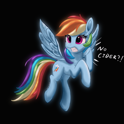 Size: 4096x4096 | Tagged: safe, artist:leoliu0491, imported from derpibooru, rainbow dash, pegasus, pony, absurd resolution, black background, cider dash, female, flying, gasp, mare, simple background, solo, that pony sure does love cider