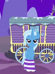 Size: 3000x4005 | Tagged: safe, artist:sarahthefox97, imported from derpibooru, trixie, pony, unicorn, clothes, lidded eyes, looking at you, smiling, socks, solo, striped socks, trixie's wagon, wagon