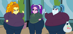 Size: 2560x1200 | Tagged: safe, artist:neongothic, imported from derpibooru, adagio dazzle, aria blaze, sonata dusk, equestria girls, adagio wobble, aria blob, bbw, belly, big belly, chubby cheeks, clothes, cute, diabetes, double chin, fat, fat fetish, female, fetish, food, hoodie, hypocritical humor, large butt, morbidly obese, obese, smiling, sonataco, sonatubby, ssbbw, stomach noise, taco, the dazzlings, thighs, thunder thighs, weight gain, wide hips