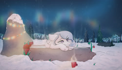 Size: 3342x1920 | Tagged: safe, artist:glittera, imported from derpibooru, oc, oc only, pegasus, pony, aurora borealis, christmas, christmas lights, christmas ornament, coffee, coffee mug, decoration, ears back, female, holiday, hot springs, mare, mug, night, present, rock, secret santa, smiling, snow, solo, steam, tree, unshorn fetlocks