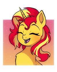 Size: 820x1033 | Tagged: safe, artist:adrianimations, imported from derpibooru, sunset shimmer, pony, unicorn, equestria girls, bust, cute, eyes closed, female, happy, mare, open mouth, portrait, shimmerbetes, smiling, solo