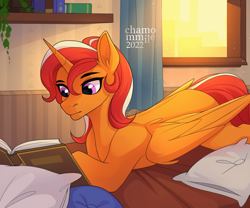 Size: 960x800 | Tagged: safe, artist:chamommile, imported from derpibooru, oc, oc only, oc:sunfire, alicorn, alicorn oc, bed, book, commission, horn, pillow, reading, window, wings, ych result