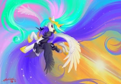 Size: 2048x1425 | Tagged: safe, artist:paipaishuaige, imported from derpibooru, princess celestia, princess luna, alicorn, pony, abstract background, beautiful, color porn, crown, cute, cutelestia, duo, duo female, dutch angle, ears back, ethereal mane, ethereal tail, eyes closed, featured image, female, flying, full color, galaxy mane, happy, hoof shoes, horizon, horn, impossibly long mane, impossibly long tail, jewelry, large wings, lidded eyes, long mane, looking at someone, lunabetes, mare, necklace, open mouth, open smile, outdoors, realistic wings, regalia, royal sisters, siblings, sisters, smiling, spread wings, starry mane, sunrise, sunset, tail, wallpaper, wings