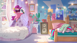 Size: 1920x1080 | Tagged: safe, artist:claudio naccari, artist:piotr bzdura, boulder media, imported from derpibooru, pipp petals, zipp storm, pegasus, pony, spoiler:g5, spoiler:my little pony: tell your tale, annoyed, bed, bedroom, brush, duo, female, g5, guitar, hairbrush, musical instrument, my little pony: tell your tale, open mouth, phone, pillow, siblings, singing, sisters, speaker, string lights, unamused, uvula, volumetric mouth, zipp storm is not amused