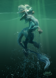 Size: 704x985 | Tagged: safe, artist:v747, imported from derpibooru, oc, oc only, kirin, blank eyes, bubble, commission, crepuscular rays, leonine tail, looking up, ocean, open mouth, signature, simple background, solo, sunlight, swimming, tail, underwater, water