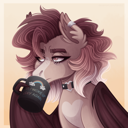 Size: 2000x2000 | Tagged: safe, artist:kikirdcz, imported from derpibooru, bat pony, pony, coffee mug, female, mare, mug, solo, wing hands, wings