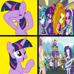 Size: 1300x1300 | Tagged: safe, artist:bigpurplemuppet99, artist:mlpfan3991, imported from derpibooru, adagio dazzle, applejack, aria blaze, big macintosh, fluttershy, pinkie pie, rainbow dash, rarity, sci-twi, sonata dusk, sunset shimmer, twilight sparkle, alicorn, pony, eqg summertime shorts, equestria girls, father knows beast, get the show on the road, school daze, approval, disapproval, hotline bling, humane five, humane seven, humane six, meme, ponied up, sonic rainboom, the dazzlings, twilight sparkle (alicorn)