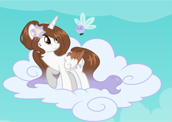 Size: 2013x1432 | Tagged: safe, artist:stormcloud-yt, imported from derpibooru, oc, oc only, alicorn, parasprite, pony, alicorn oc, base used, cloud, colored wings, eyelashes, female, horn, mare, on a cloud, two toned wings, wings