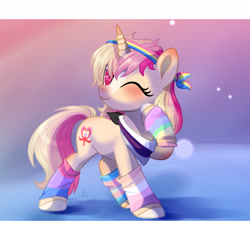 Size: 2148x2058 | Tagged: safe, artist:stormcloud-yt, imported from derpibooru, oc, oc only, pony, unicorn, base used, clothes, eyelashes, horn, leg warmers, one eye closed, raised hoof, smiling, solo, unicorn oc, wink