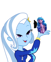 Size: 750x900 | Tagged: safe, artist:php50, imported from derpibooru, izzy moonbow, trixie, pony, unicorn, equestria girls, 1000 hours in ms paint, cute, exploitable meme, female, g5, izzybetes, look what trixie found, meme, op is drunk, simple background, transparent background
