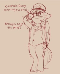 Size: 2752x3402 | Tagged: safe, artist:yoditax, imported from derpibooru, derpy hooves, pegasus, semi-anthro, clothes, dialogue, female, floppy ears, monochrome, salute, simple background, solo, uniform