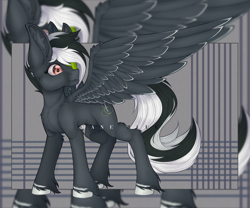 Size: 1024x850 | Tagged: safe, artist:maneblue, imported from derpibooru, oc, oc only, pegasus, pony, ear fluff, eyepatch, looking back, pegasus oc, solo, unshorn fetlocks, zoom layer