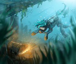 Size: 4565x3861 | Tagged: safe, artist:helmie-art, imported from derpibooru, oc, oc only, oc:guttatus, bat pony, fish, pony, air tank, bubble, chest, dive mask, flippers, glowing, goggles, rebreather, scuba diving, scuba gear, solo, underwater, wetsuit