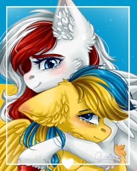 Size: 1600x2000 | Tagged: safe, artist:querisyart, imported from derpibooru, oc, oc only, oc:poland, oc:ukraine, pegasus, pony, crying, current events, ear fluff, female, hug, looking at each other, looking at someone, mare, nation ponies, poland, ponified, ukraine, wings