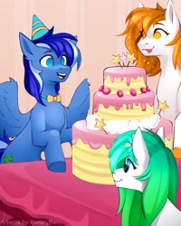 Size: 3276x4096 | Tagged: safe, artist:buvanybu, imported from derpibooru, oc, oc only, oc:gumdrop, oc:rising dawn, pegasus, pony, cake, food, trio