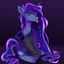 Size: 2000x2000 | Tagged: safe, artist:mochalula, imported from derpibooru, princess luna, alicorn, pony, :p, clothes, ear fluff, female, high res, horn, looking at you, mare, oversized clothes, signature, simple background, sitting, solo, sweater, tail, tongue out