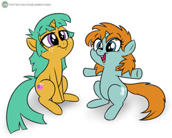 Size: 1024x822 | Tagged: safe, artist:doublewbrothers, imported from derpibooru, snails, snips, pony, unicorn, :t, cute, daaaaaaaaaaaw, duo, duo female, eye clipping through hair, eyebrows, eyebrows visible through hair, female, freckles, hooves, horn, lidded eyes, open mouth, open smile, rule 63, shadow, signature, simple background, sitting, smiling, spice, sugar, tail, white background