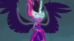 Size: 3410x1920 | Tagged: safe, imported from derpibooru, screencap, sci-twi, twilight sparkle, equestria girls, friendship games, bare shoulders, female, high res, midnight sparkle, open mouth, open smile, sleeveless, smiling, solo, spread wings, strapless, wings