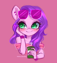 Size: 1936x2160 | Tagged: safe, artist:tomi_ouo, imported from derpibooru, pipp petals, anthro, adorapipp, cute, drink, g5, pink background, simple background, solo, sunglasses, wingless