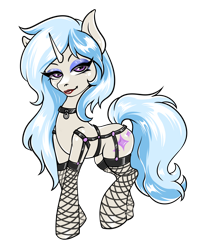 Size: 1724x2176 | Tagged: safe, artist:leastways, imported from derpibooru, oc, oc only, unicorn, bedroom eyes, choker, clothes, harness, horn, makeup, simple background, sketch, solo, stockings, tack, thigh highs, transparent background, unicorn oc