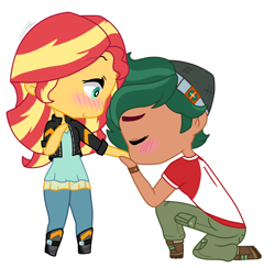 Size: 850x830 | Tagged: safe, artist:imtailsthefoxfan, imported from derpibooru, sunset shimmer, timber spruce, equestria girls, blushing, chibi, clothes, duo, female, kissing, male, shipping, simple background, straight, timbershimmer, white background