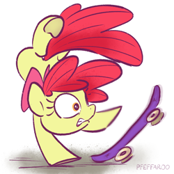 Size: 2048x2048 | Tagged: safe, artist:pfeffaroo, imported from derpibooru, apple bloom, earth pony, pony, fail, simple background, skateboard, solo, white background