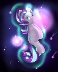 Size: 2000x2500 | Tagged: safe, artist:nihithebrony, imported from derpibooru, starlight glimmer, pony, unicorn, female, glowing, glowing horn, high res, horn, levitation, looking at you, magic, magic aura, mare, self-levitation, shooting star, smiling, smiling at you, solo, telekinesis