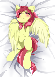 Size: 1600x2223 | Tagged: safe, artist:nihithebrony, imported from derpibooru, oc, oc only, oc:cherry, pegasus, pony, blushing, body pillow, body pillow design, female, lying down, on back, pegasus oc, smiling, solo