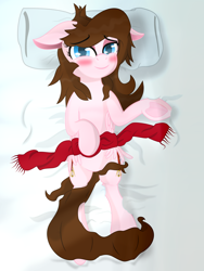 Size: 1600x2133 | Tagged: safe, artist:nihithebrony, imported from derpibooru, oc, oc only, oc:amelia, pegasus, pony, bed, blushing, body pillow, body pillow design, female, lying down, messy hair, on back, pegasus oc, solo