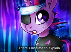 Size: 1000x726 | Tagged: safe, artist:meqiopeach, imported from derpibooru, twilight sparkle, pony, unicorn, it's about time, eyepatch, female, future twilight, no time to explain, open mouth, solo