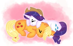 Size: 937x595 | Tagged: safe, artist:meqiopeach, imported from derpibooru, applejack, rarity, earth pony, pony, unicorn, accessory swap, applejack's hat, cowboy hat, cuddling, cute, duo, eyes closed, female, hat, jackabetes, lesbian, raribetes, rarijack, shipping, smiling