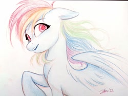 Size: 1715x1286 | Tagged: safe, artist:imalou, imported from derpibooru, rainbow dash, pegasus, pony, colored pencil drawing, commission, floppy ears, solo, traditional art, windswept mane