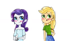 Size: 1280x750 | Tagged: safe, artist:meqiopeach, imported from derpibooru, applejack, rarity, human, equestria girls, blushing, clothes, duo, female, lesbian, rarijack, shipping, simple background, smiling, white background