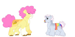 Size: 1280x640 | Tagged: safe, artist:itstechtock, imported from derpibooru, li'l cheese, oc, oc:gigglebean, pony, baby, baby pony, diaper, duo, half-siblings, offspring, parent:party favor, parent:pinkie pie, parents:partypie, simple background, white background