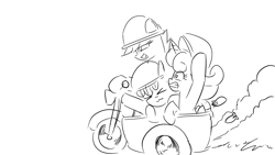 Size: 1280x720 | Tagged: safe, artist:truffle shine, imported from derpibooru, apple bloom, scootaloo, sweetie belle, earth pony, pegasus, pony, unicorn, black and white, cutie mark crusaders, grayscale, helmet, monochrome, mortar, motor trike, red alert 2, simple background, sketch, trio, vehicle, white background