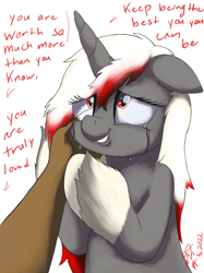 Size: 2048x2732 | Tagged: safe, artist:tenshilovedragon, imported from derpibooru, oc, oc:rose glow, human, 2022, crying, dialogue, gray coat, hand on cheek, red eyes, smiling, unshorn fetlocks, white and red mane, wholesome