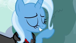 Size: 1280x720 | Tagged: safe, imported from derpibooru, screencap, trixie, pony, unicorn, magic duel, alicorn amulet, cape, clothes, evil trixie, eyes closed, female, mare, solo