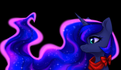 Size: 2356x1367 | Tagged: safe, artist:avrameow, imported from derpibooru, princess luna, alicorn, pony, black background, bust, ethereal mane, female, mare, neck bow, portrait, profile, red bandana, redraw, simple background, solo, starry mane