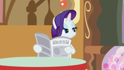 Size: 1280x720 | Tagged: safe, imported from derpibooru, screencap, rarity, pony, unicorn, ponyville confidential, season 2, female, foal free press, hub logo, hubble, implied facepalm, lidded eyes, looking at something, mare, newspaper, rarity is not amused, reaction image, solo, stare, sugarcube corner, unamused