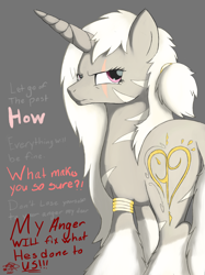 Size: 2048x2732 | Tagged: safe, artist:tenshilovedragon, imported from derpibooru, oc, oc:solara, angry, dialogue, gold rings, gray coat, long mane, striped, unique horn, zebra hybrid