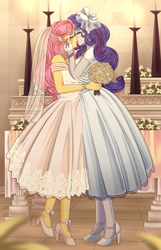 Size: 2900x4500 | Tagged: safe, artist:lucy-tan, imported from derpibooru, fluttershy, rarity, human, equestria girls, alternate hairstyle, beautiful, blushing, bracelet, bride, clothes, commission, cute, dress, duo, ear piercing, earring, eyes closed, eyeshadow, female, flarity, flower, french kiss, gloves, high heels, hug, jewelry, kiss on the lips, kissing, lesbian, lipstick, makeup, marriage, piercing, raribetes, shipping, shoes, shyabetes, wedding, wedding dress, wedding veil