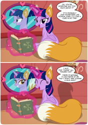 Size: 1858x2646 | Tagged: safe, artist:badumsquish, derpibooru exclusive, imported from derpibooru, twilight sparkle, oc, alicorn, fox, fox pony, hybrid, monster pony, original species, pony, 2 panel comic, book, comic, cursed, dialogue, dreamworks face, dresser, duo, evil grin, eyes closed, eyes on the prize, eyeshadow, famous last words, female, folded wings, fox ears, fox tail, golden oaks library, grin, heart, kitsune, kitsune pony, looking at you, magic, makeup, mare, mirror, open mouth, open smile, possessed, possession, raised eyebrow, red eyes, red eyeshadow, reflection, shadow, sharp teeth, show accurate, sitting, smiling, smirk, smug, species swap, tail, tail wag, talking, talking to viewer, teeth, telekinesis, tempting fate, transformation, twi-fox, twilight sparkle (alicorn), wings, yellow eyes