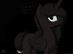 Size: 2732x2048 | Tagged: safe, artist:tenshilovedragon, imported from derpibooru, oc, oc:vanta, alicorn, alicorn oc, black background, black coat, black mane, black tail, blue eyes, dialogue, gold rings, horn, looking at you, side view, simple background, tail, wings