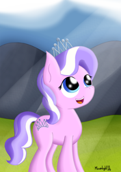 Size: 1000x1414 | Tagged: safe, artist:moonlightatlm, imported from derpibooru, diamond tiara, earth pony, pony, cute, diamondbetes, female, filly, foal, happy, looking up, open mouth, open smile, smiling, solo